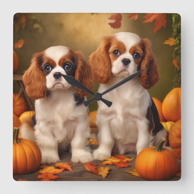 Cavalier King Charles Spaniel Puppy Autumn Pumpkin Quadratische Wanduhr (Vorderseite)