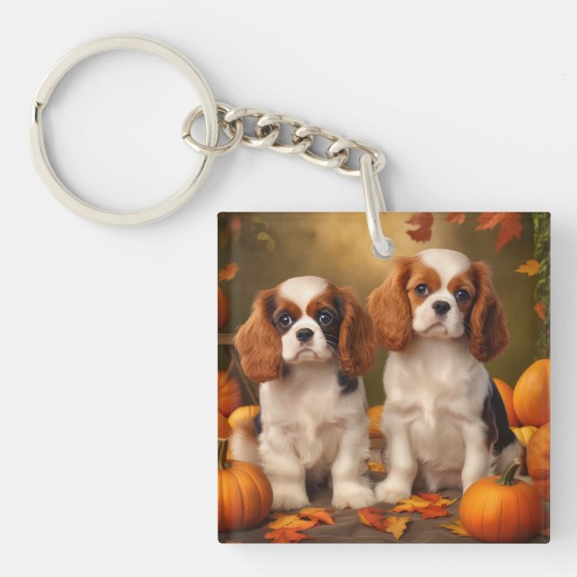 Cavalier King Charles Spaniel Puppy Autumn Pumpkin Schlüsselanhänger (Vorderseite)