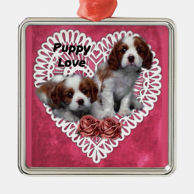 Cavalier King Charles Spaniel Puppy Liebe Silbernes Ornament (Vorne)