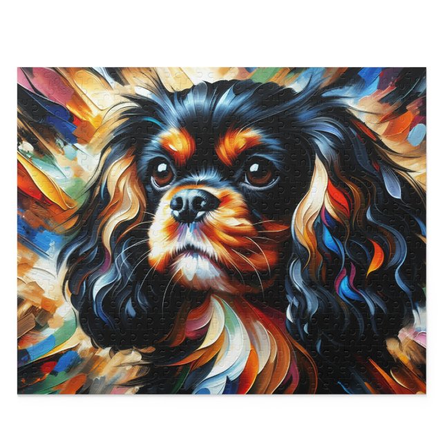 Cavalier King Charles Spaniel Schwarz und Lohfarbe Puzzle (Black & Tan Cavalier Jigsaw Puzzle. Artistic acrylic style. Available in 30-1014 pieces.)