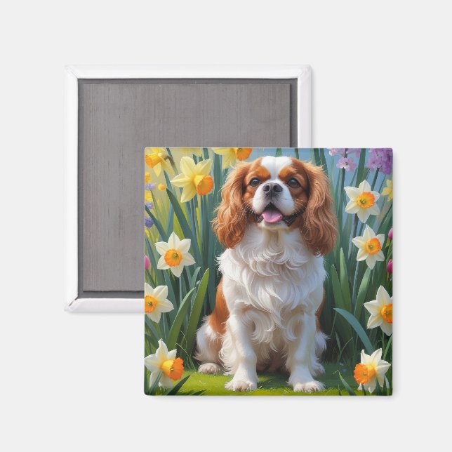 Cavalier King Charles Spaniel Spring Flowers Magnet (Vorderseite/Rückseite)