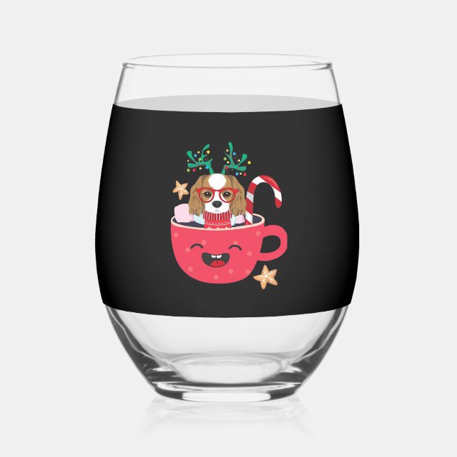 Cavalier King Charles Spaniel Teacup Xmas Holiday  Weinglas Ohne Stiel (Vorderseite)