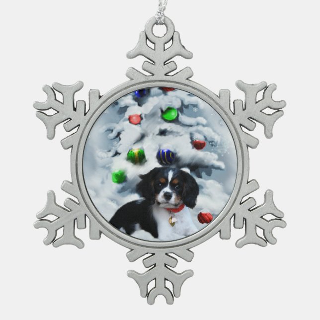 Cavalier King Charles Spaniel Weihnachten Schneeflocken Zinn-Ornament (Vorderseite)