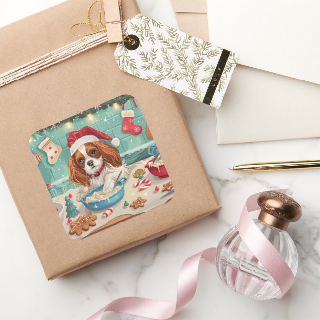 Cavalier King Charles Spaniel Weihnachtsgebäck Quadratischer Aufkleber (Schenken)