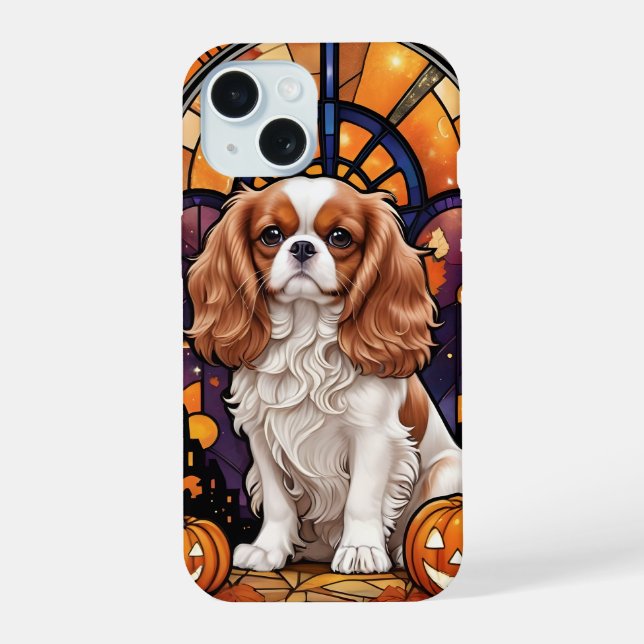 Cavalier King Charles Stared Glass Halloween Fall iPhone 15 Hülle (Rückseite)