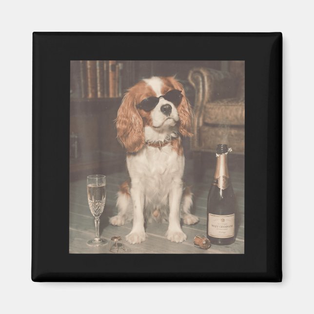 Cavalier King Charles trinkt Champagner Lustig Magnet (Vorne)