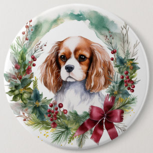Cavalier King Christmas Wreath Festivals Button