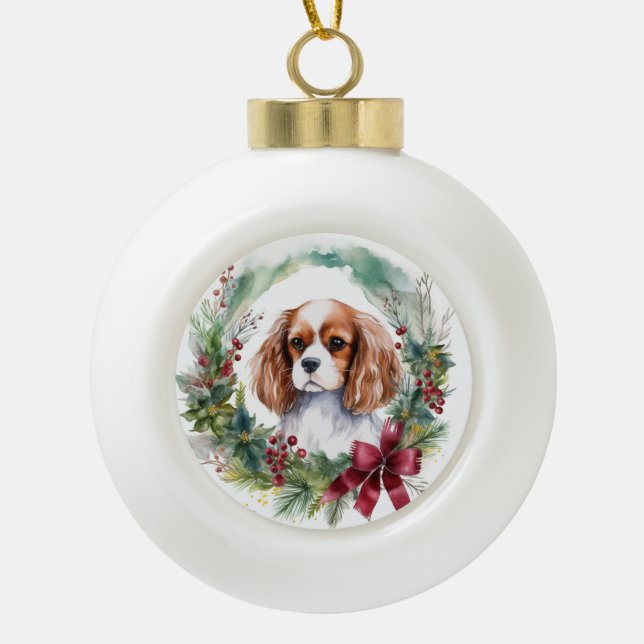 Cavalier King Christmas Wreath Festivals Keramik Kugel-Ornament (Vorderseite)