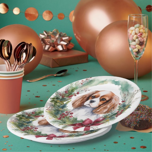 Cavalier King Christmas Wreath Festivals Pappteller (Multi)