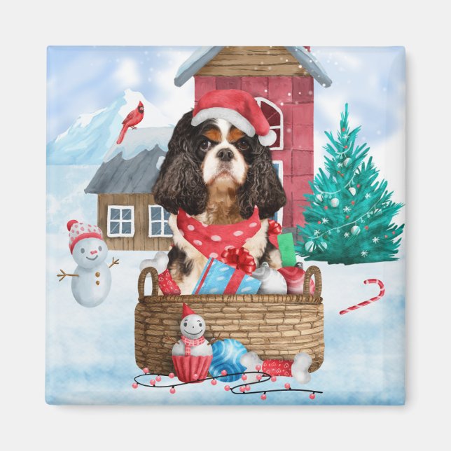 Cavalier King Dog im Schnee Weihnachtshundehaus Magnet (Vorne)