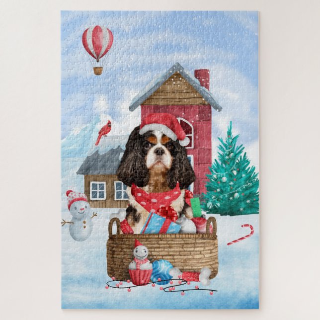 Cavalier King Dog im Schnee Weihnachtshundehaus Puzzle (Vertikal)