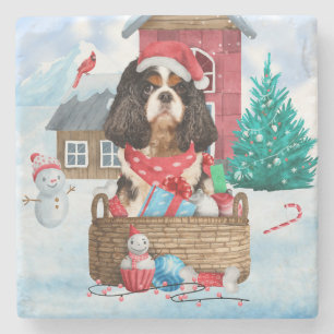 Cavalier King Dog im Schnee Weihnachtshundehaus Steinuntersetzer