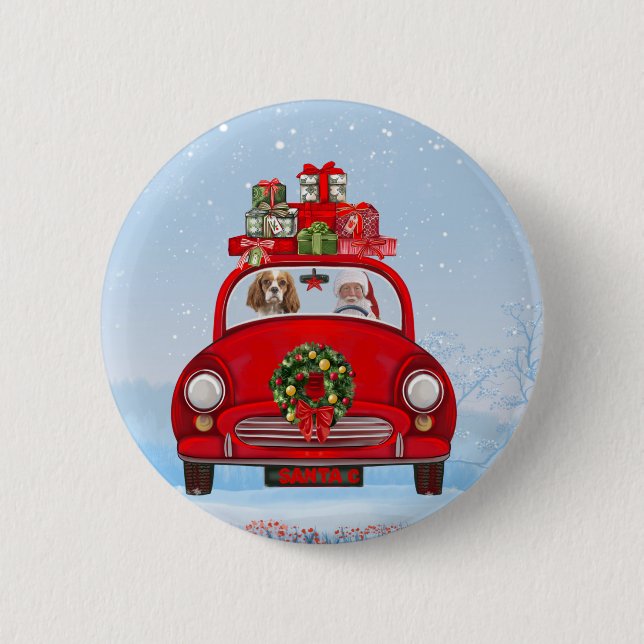 Cavalier King Dog in Auto mit dem Weihnachtsmann Button (Vorderseite)