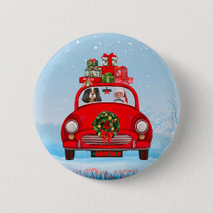 Cavalier King Dog in Auto mit dem Weihnachtsmann Button