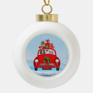 Cavalier King Dog in Auto mit dem Weihnachtsmann Keramik Kugel-Ornament