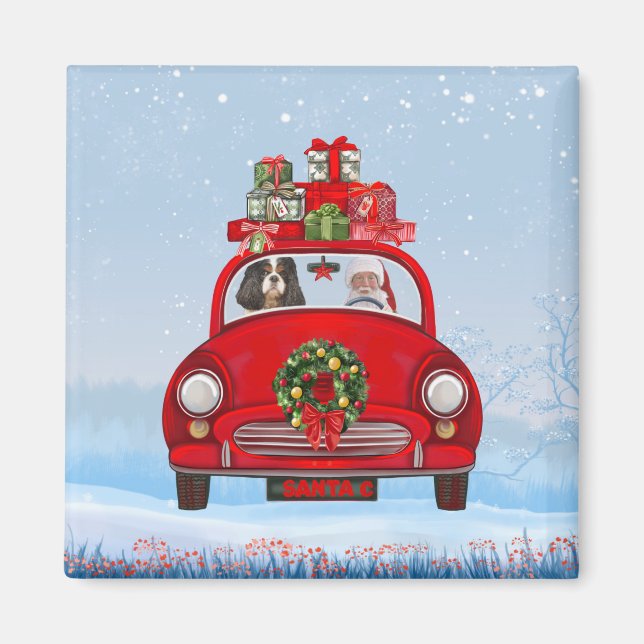 Cavalier King Dog in Auto mit dem Weihnachtsmann Magnet (Vorne)