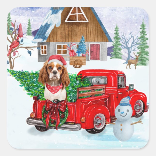 Cavalier King Dog in Christmas Delivery Truck Schn Quadratischer Aufkleber (Vorderseite)