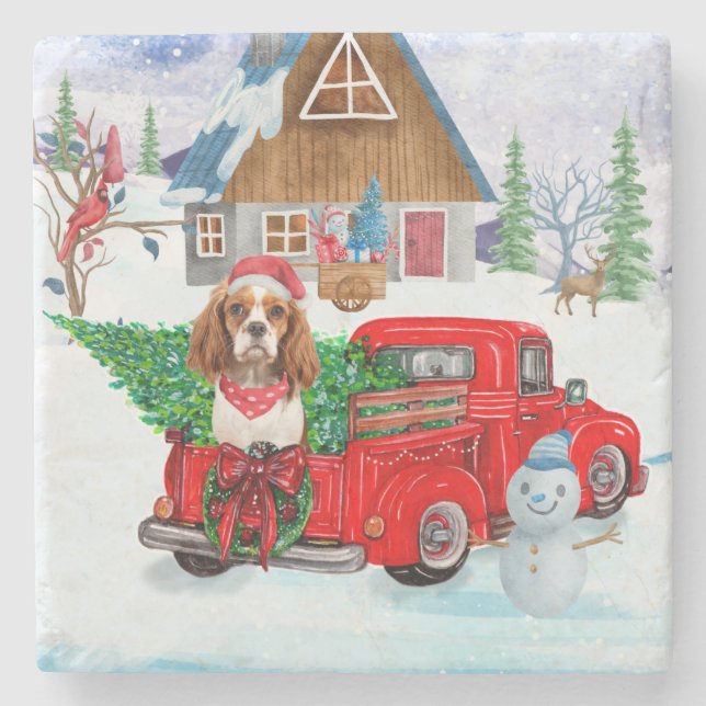 Cavalier King Dog in Christmas Delivery Truck Schn Steinuntersetzer (Vorderseite)