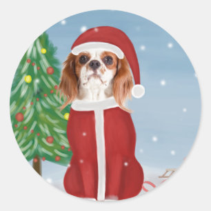 Cavalier King Dog in Snow mit Weihnachtsgeschenken Runder Aufkleber