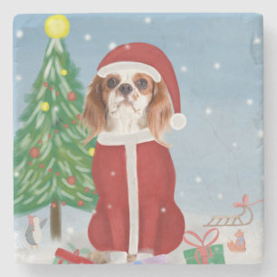 Cavalier King Dog in Snow mit Weihnachtsgeschenken Steinuntersetzer
