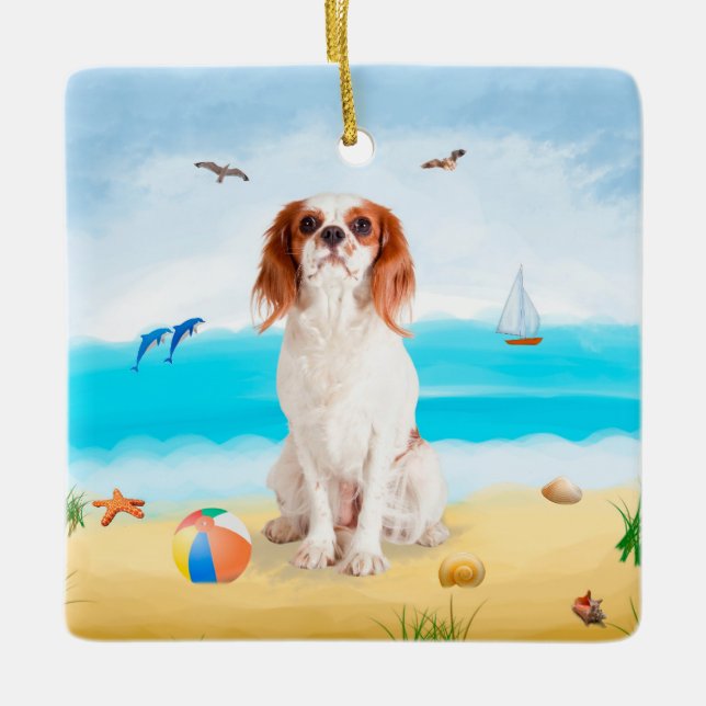 Cavalier King Dog on Beach Keramikornament (Vorderseite)