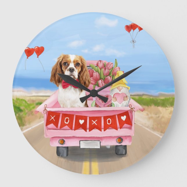 Cavalier King Dog Valentine's Day Lkw Herz Große Wanduhr (Vorderseite)