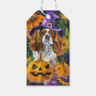 Cavalier King Hund Halloween Hexe und Kürbis Geschenkanhänger
