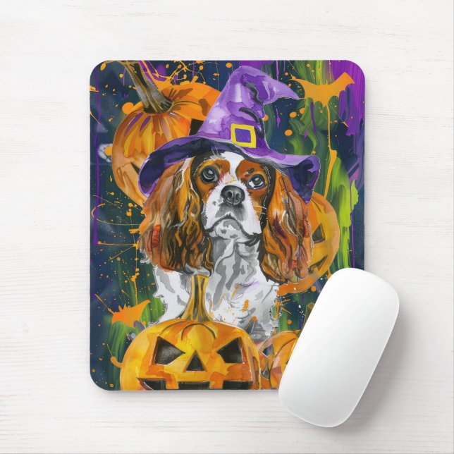 Cavalier King Hund Halloween Hexe und Kürbis Mousepad (Mit Mouse)