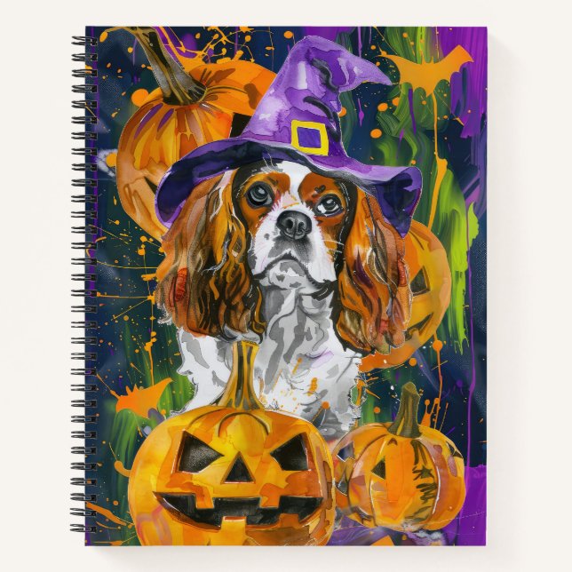 Cavalier King Hund Halloween Hexe und Kürbis Notizbuch (Vorderseite)