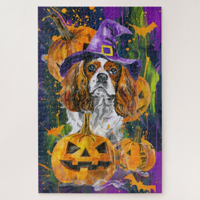 Cavalier King Hund Halloween Hexe und Kürbis Puzzle (Vertikal)