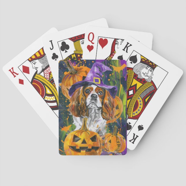 Cavalier King Hund Halloween Hexe und Kürbis Spielkarten (Rückseite)