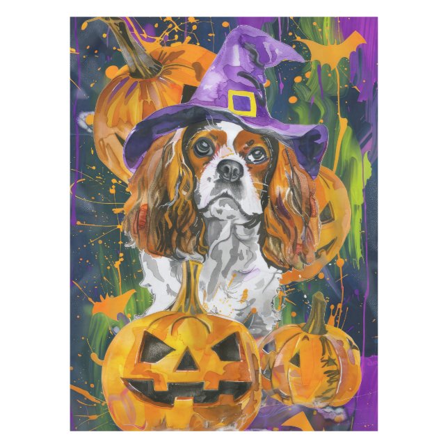 Cavalier King Hund Halloween Hexe und Kürbis Tischdecke (Vorderseite)