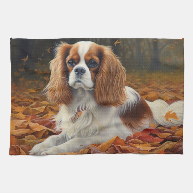 Cavalier King im Herbst Leaves Fall Inspiriert Geschirrtuch (Horizontal)