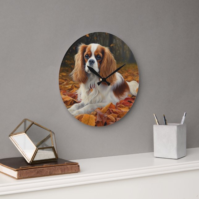 Cavalier King im Herbst Leaves Fall Inspiriert Große Wanduhr (Büro)