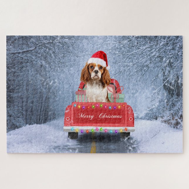 Cavalier King in Snow sitzend im Weihnachtswagen Puzzle (Horizontal)