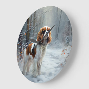 Cavalier King Lass es schneien Weihnachten Gebürst Große Wanduhr