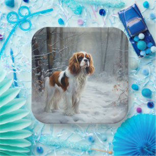 Cavalier King Lass es schneien Weihnachten Gebürst Pappteller