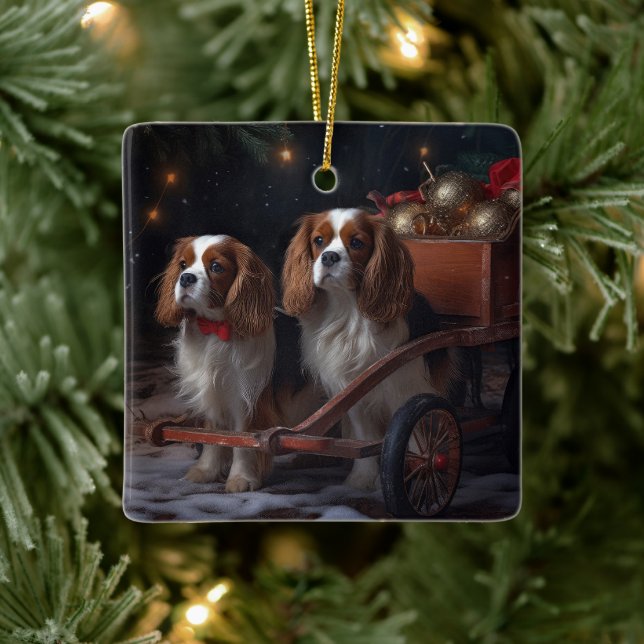 Cavalier King Snowy Sleigh Weihnachtsdekor Keramikornament (Baum)