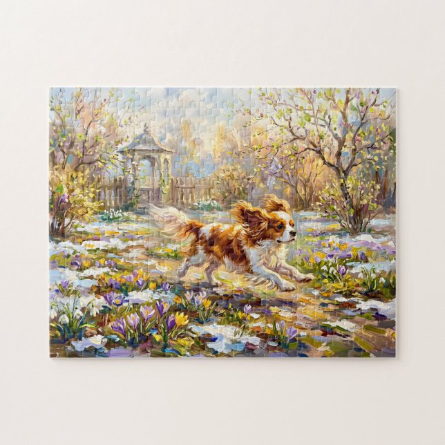 Cavalier Spaniel im blühenden Frühlingsgarten Puzzle (Horizontal)