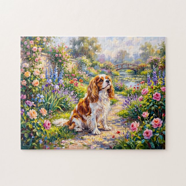 Cavalier Spaniel im Sommergarten am Teich Puzzle (Horizontal)