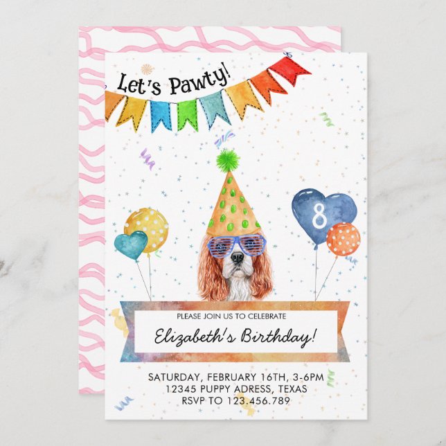 Cavalier Spaniel Lasse Pawty Dog Birthday Party Einladung (Vorne/Hinten)