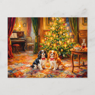 Cavalier Spaniels am Weihnachtsbaum Postkarte