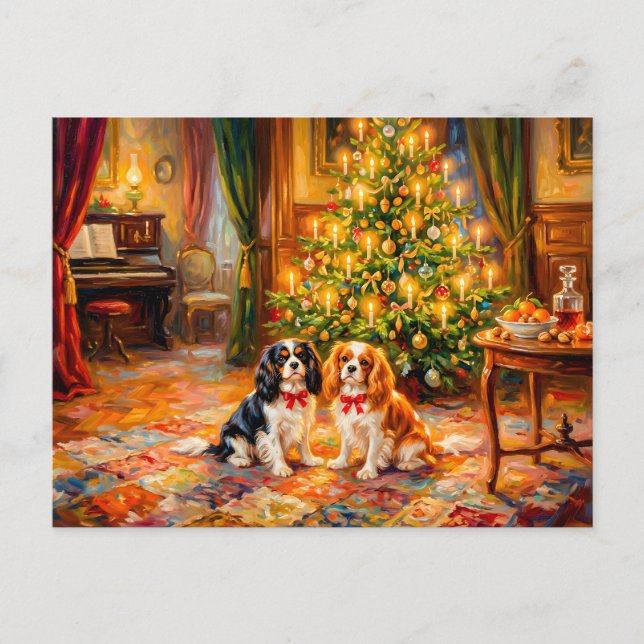 Cavalier Spaniels am Weihnachtsbaum Postkarte (Vorderseite)