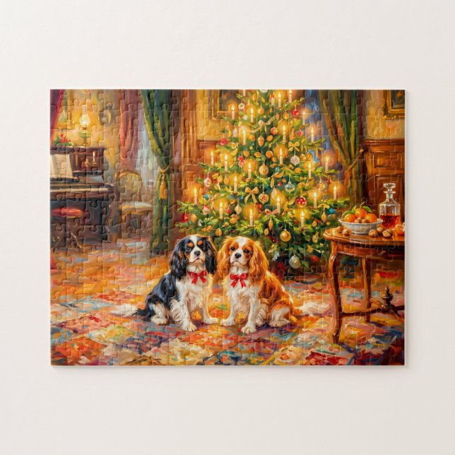 Cavalier Spaniels am Weihnachtsbaum Puzzle (Horizontal)