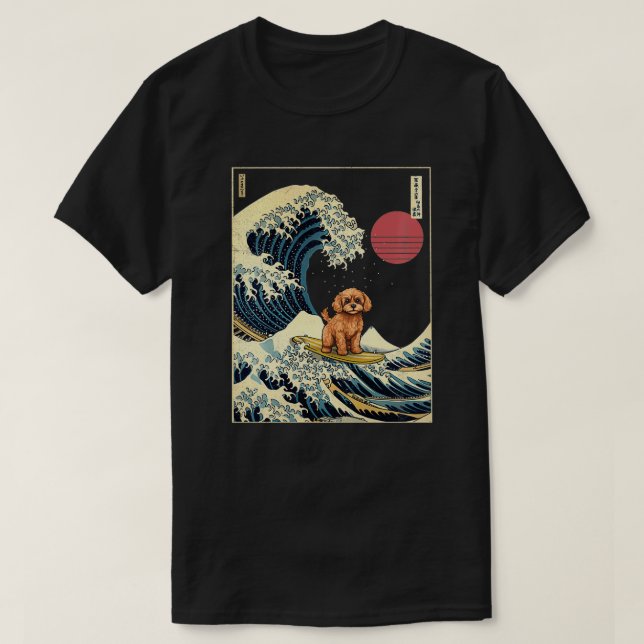 Cavapoo Japanisch Kanagawa Wave Funny Surf Dog T-Shirt (Design vorne)