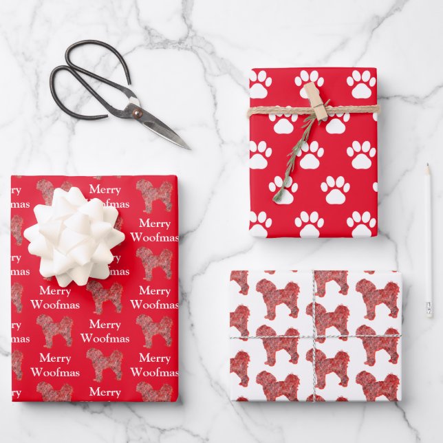 Cavapoo Niedlich Hund Silhouette Roter Merry Woofm Geschenkpapier Set (Vorderseite)