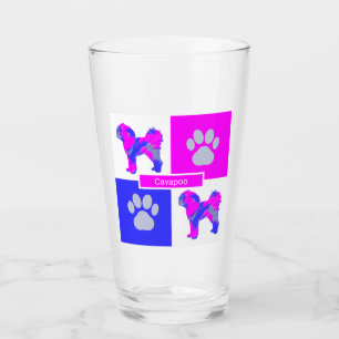 Cavapoo Silhouette Dog & Paw Pink und Blue Square Glas