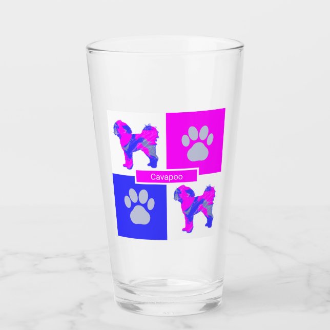 Cavapoo Silhouette Dog & Paw Pink und Blue Square Glas (Vorderseite)