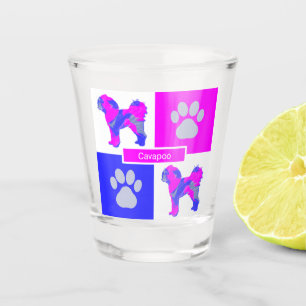 Cavapoo Silhouette Dog & Paw Pink und Blue Square Schnapsglas