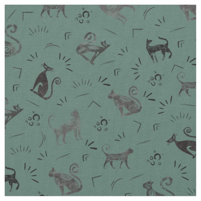 Cave Art Cats on Dark Gray Turquoise Stoff (Nahaufnahme)